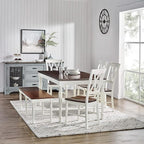 Crosley Furniture Shelby 6-Piece Traditional Dining Table Set for 7 with 4 Chairs and a Wood Bench, Distressed White