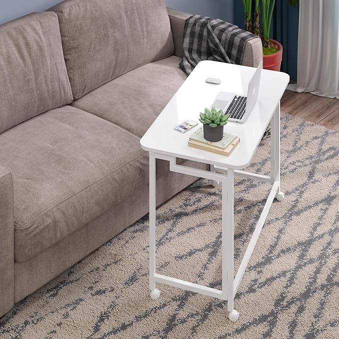 4NM 27.5" Mobile Small Rolling Computer Desk, Folding Laptop Cart Table with Wheels, Portable Office Desk for Small Space Couch Bed - All White