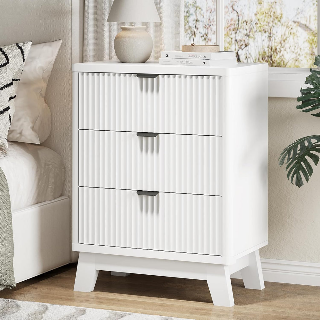 Fluted Nightstand with 3 Storage Drawers, 24" Wide Wood Bedside Table with Mental Handle, Mid Century Modern Wooden Side Table Night Stand, Curved End Table for Bedroom, Living Room, White