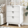Fluted Nightstand with 3 Storage Drawers, 24" Wide Wood Bedside Table with Mental Handle, Mid Century Modern Wooden Side Table Night Stand, Curved End Table for Bedroom, Living Room, White