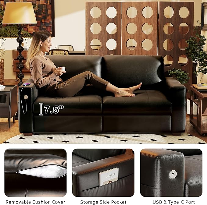 Hanherry Faux Leather 70" Sofa for Living Room, Modern Comfy Couch with Medium Firm Seat Cushion, Removable Cover,Wide Armrest,USB/Type-C Port,Couches for Small Space,Apartment