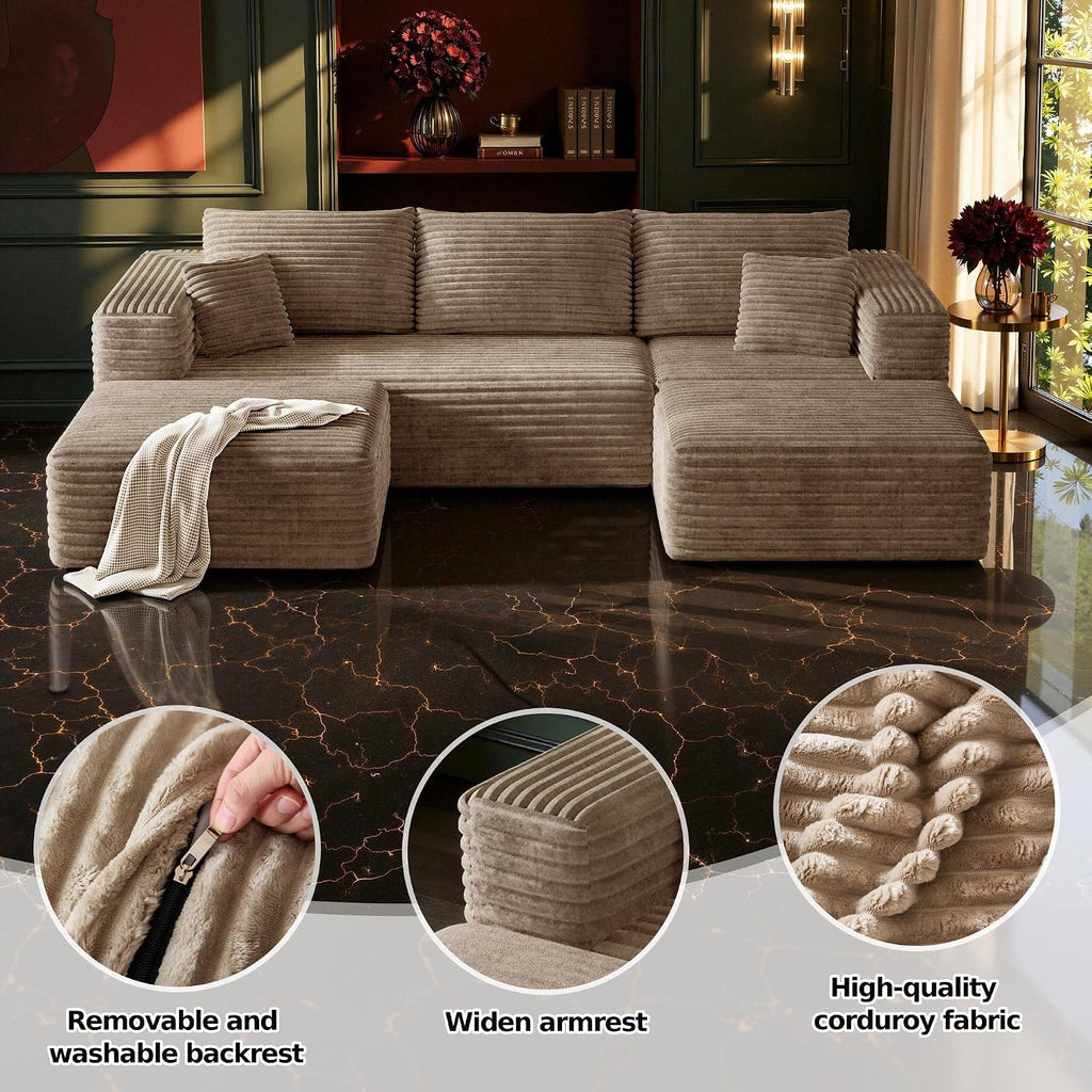 MoonSpeak 108" Boneless Sectional Cloud U Shaped Couch, Khaki | deep seat, 2 movable ottomans, soft corduroy fabric, no assembly, compressed delivery for living rooms