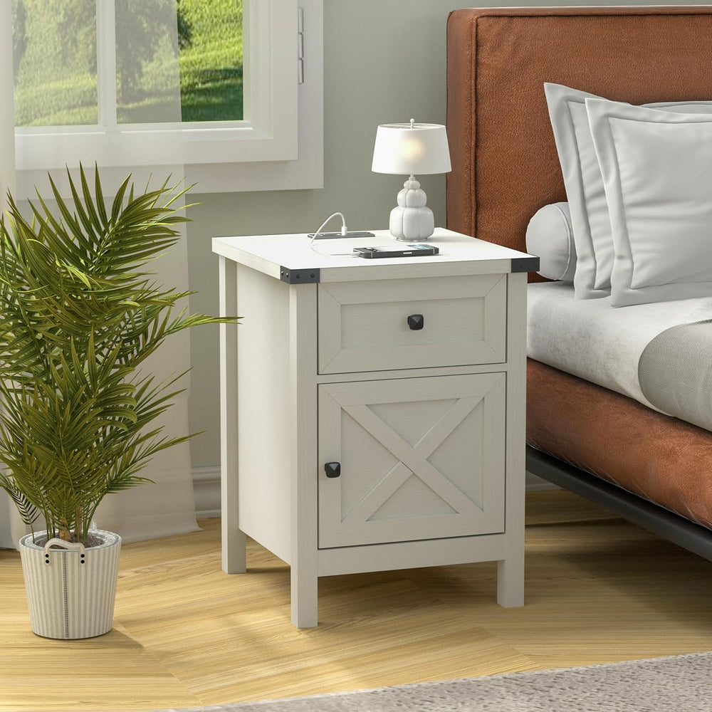 Farmhouse Nightstand with Charging Station, White Side Table, Rustic End Tabl...
