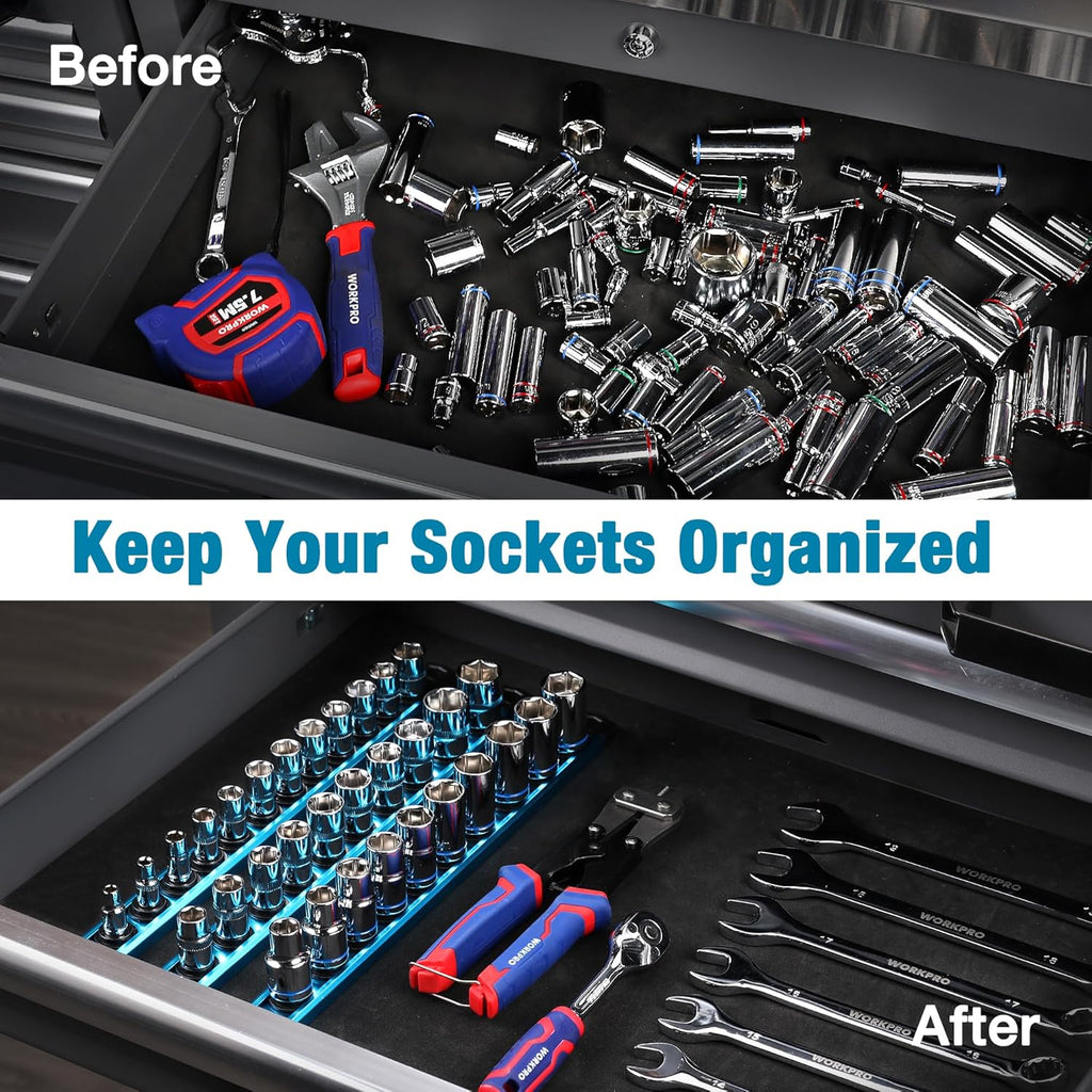 WORKPRO Magnetic Socket Organizer, 3/8-Inch Drive Aluminum Alloy Socket Rail, Heavy Duty Socket Holder, Socket Rack Kit 3/8-Inch x 10 Clips Sky Blue (Socket not Included)