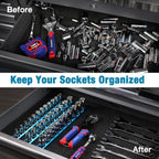 WORKPRO Magnetic Socket Organizer, 3/8-Inch Drive Aluminum Alloy Socket Rail, Heavy Duty Socket Holder, Socket Rack Kit 3/8-Inch x 10 Clips Sky Blue (Socket not Included)