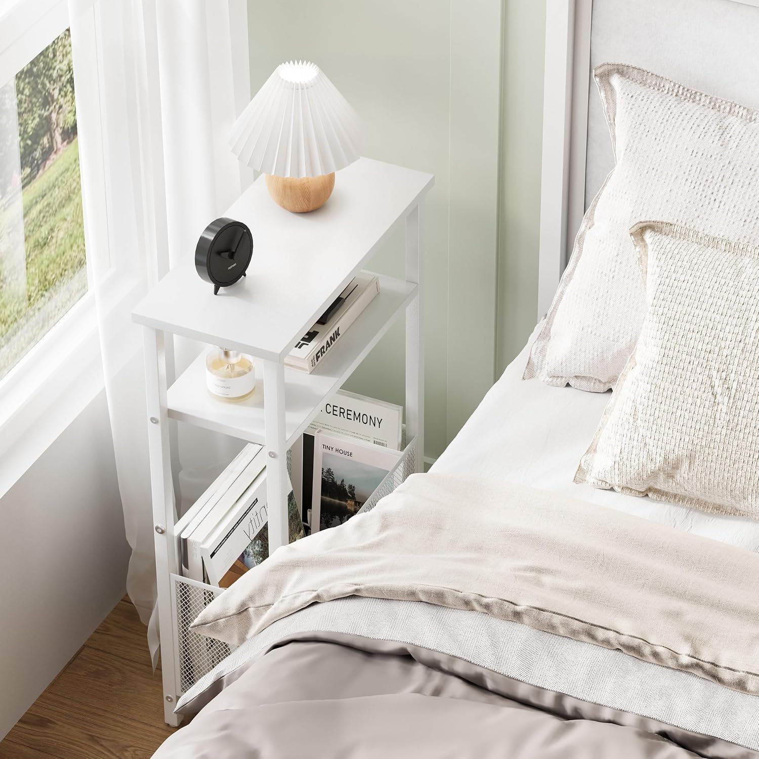 MMEOLUOOK Narrow Side Table with Storage Basket Skinny End Tables for Smalls Spaces 3 Tier Sofa Table Small Nightstand Slim Bedside Table for Living Room Bedroom White MLBZ22W