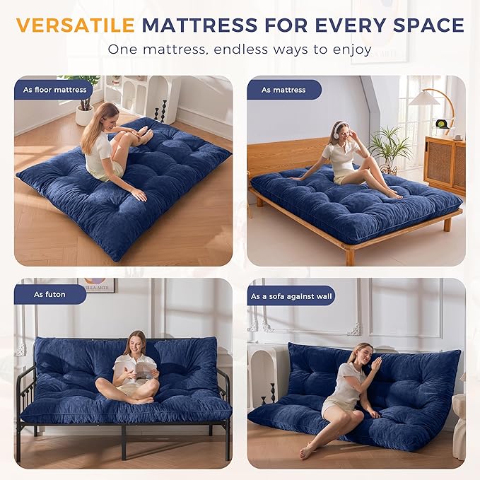 MAXYOYO Japanese Floor Mattress Queen Size, 6" Foldable Futon Mattress Tufted Roll Up Floor Bed, Thick Chenille Tatami Mat Sleeping Pad for Camping Guest Room Dormitory Bedroom RV, Navy