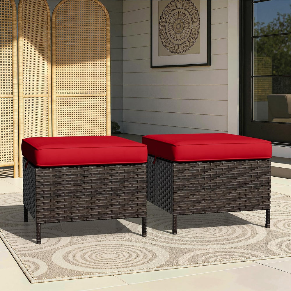 Outdoor Ottomans Set of 2 with Weather-Resistant & Thickened Cushions, PE...
