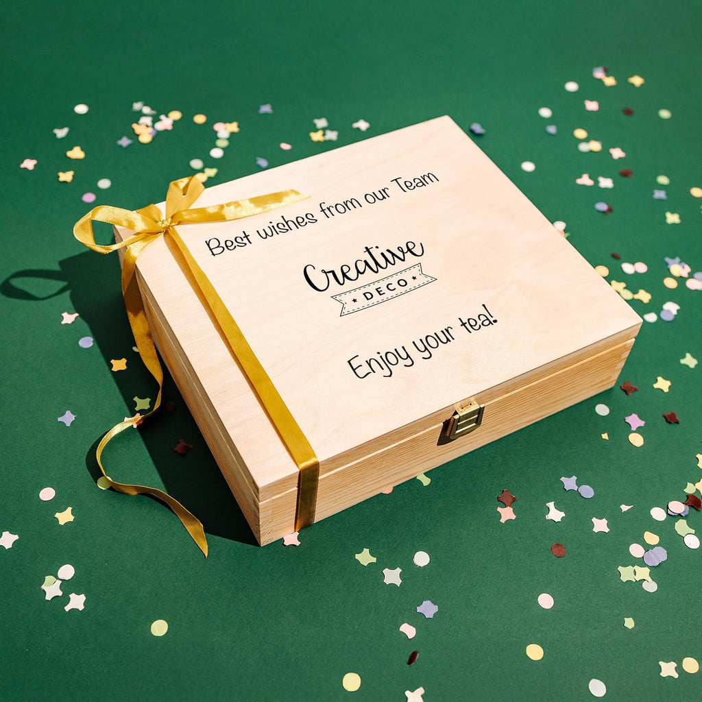 Creative Deco Personalized Wooden Tea Box Storage | 12 Compartments | Your Text + Photo/Logo | 11.41x9.84x2.95in | Luxury Organizer Bag Container Keepsake Chest | Gift Christmas Xmas | UV Print