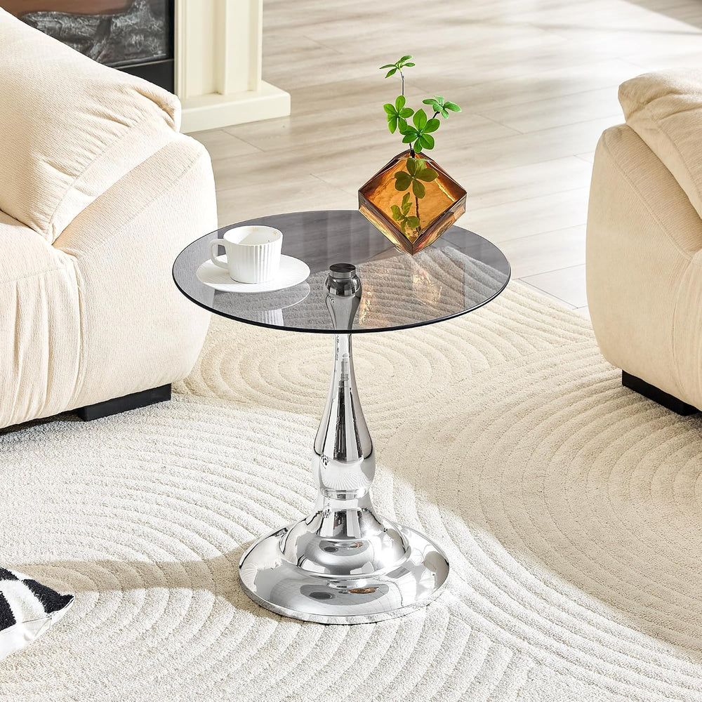 Round Glass Side Table with Silver Metal Base, 19.6'' Gray Tempered G...