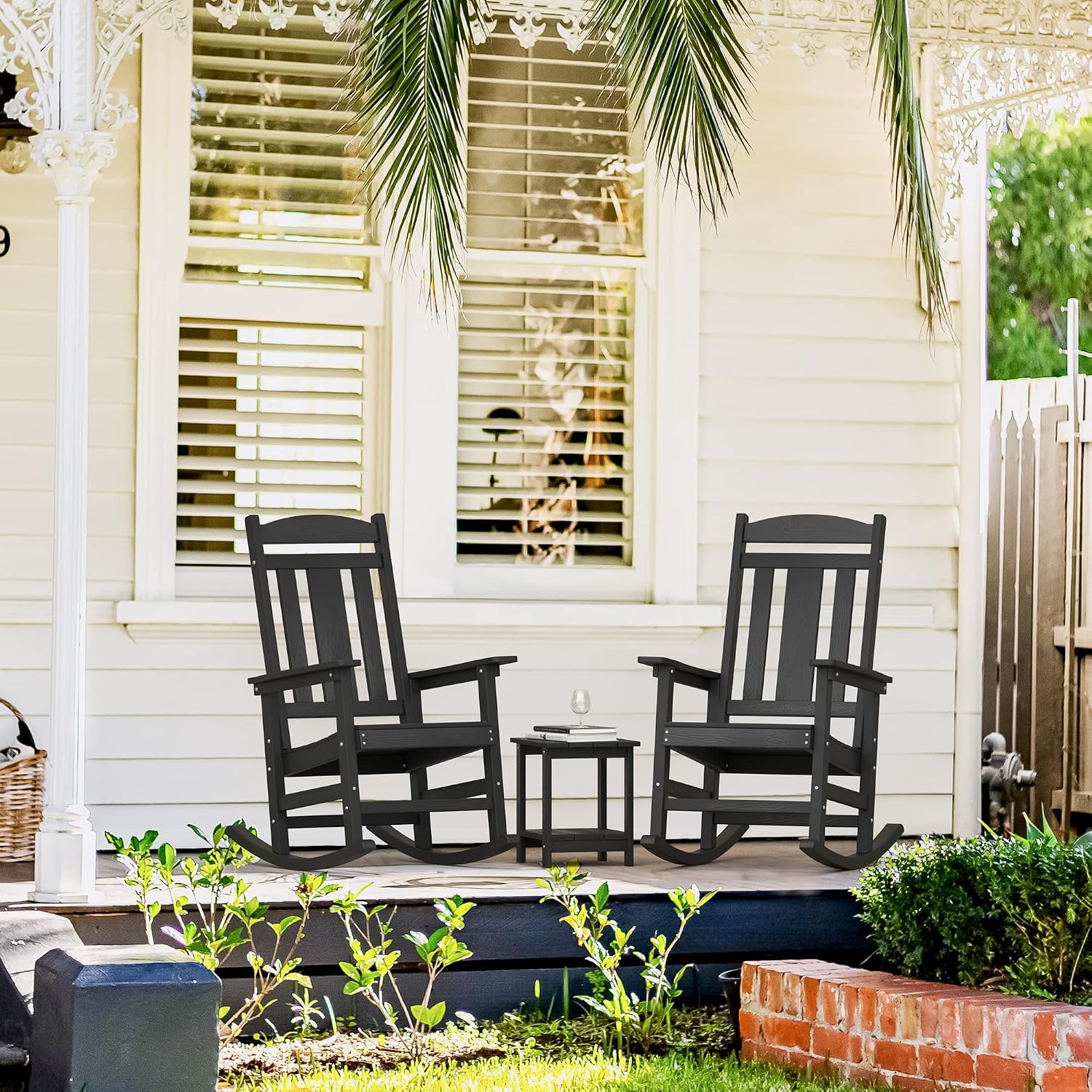 LUE BONA Rocking Chair Outdoor, Weather Resistant Poly Plastic Rocker Chairs, 350lb Heavy Duty, Oversized Porch for Adult, High Back Smooth Chairs Outdoor & Indoor, Black