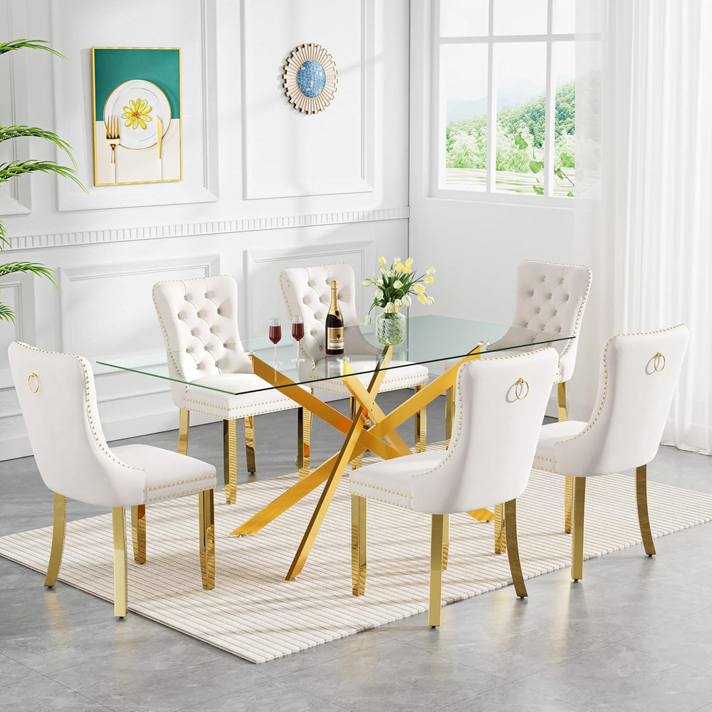 SSLine 61" Glass Dining Table Set for 6,Modern 7 Pieces Kitchen Table an...