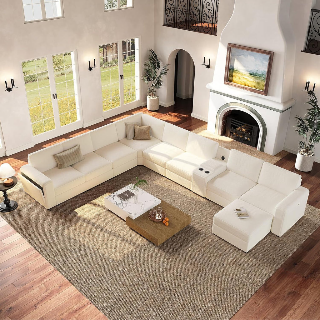 Vesgantti Oversized 8-Seater Chenille L Shaped Sectional Sofa, Beige | Modular, with Ottoman, 2 Cup Holders, USB Port, Storage Box, Comfy Couch for Living Room, Apartment, Pet-friendly