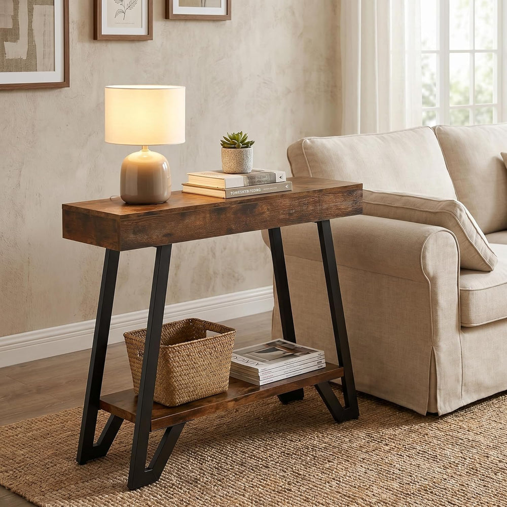 LITTLE TREE 41-Inch Console Table with Geometric Metal Frame, Rustic Brown, E...
