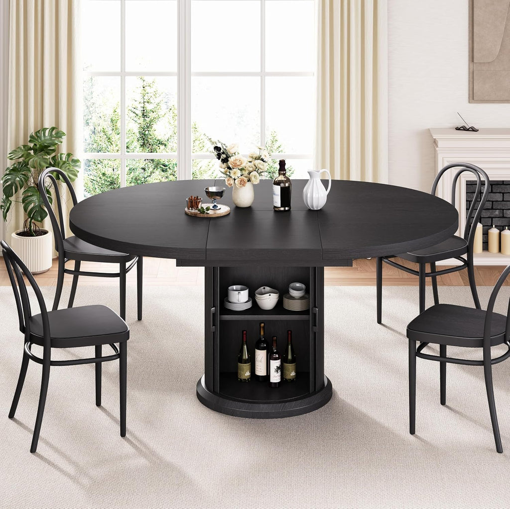 Jocoevol 47″–63″ Extendable Round Dining Table for 4–8 with Dust-Proof 2-Tier Storage Shelf Space-Saving Expandable Dining Room Table Wood Oval Circle Dining Table with Pedestal Base (Deep Black)