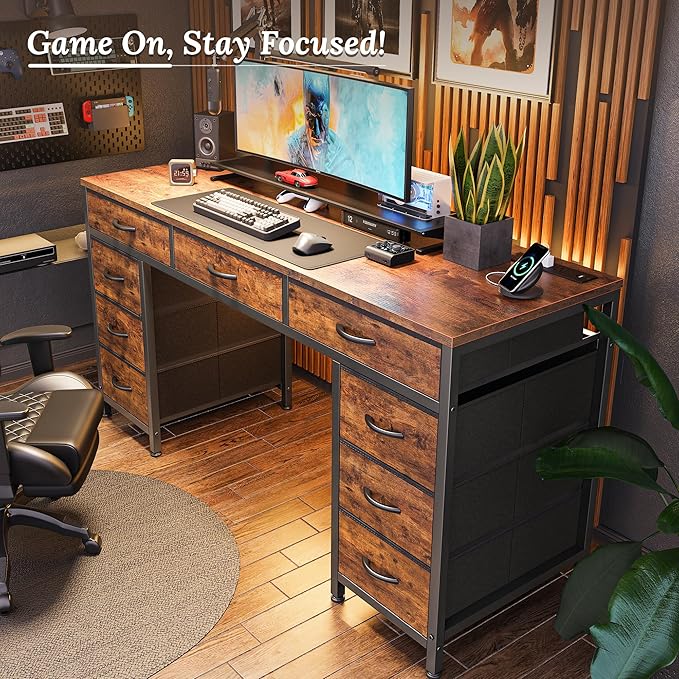 PRAISUN 54 Inch Office Desk with Outlets, Computer Desk with 9 Fabric Drawers, Writing Gaming Work Study Desk for Bedroom, Living Room, Home Office, Large Storage, Rustic Brown