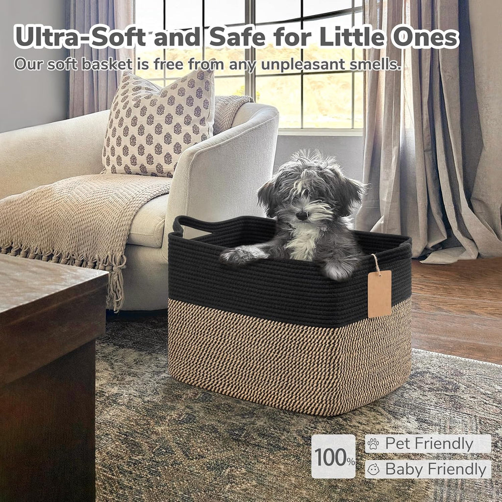 Goodpick Large Wicker Storage Baskets for Organizing, Black & Jute | 50L, 18 × 14 × 12 in, Reinforced Handles, Shoes, Towels & Toys Storage, Living Room, Bedroom & Nursery Organization