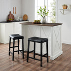Crosley Furniture Clifton Kitchen Storage Island, Microwave Stand, Coffee Bar and Set of 2 Upholstered Saddle Stools, Distressed White/Black