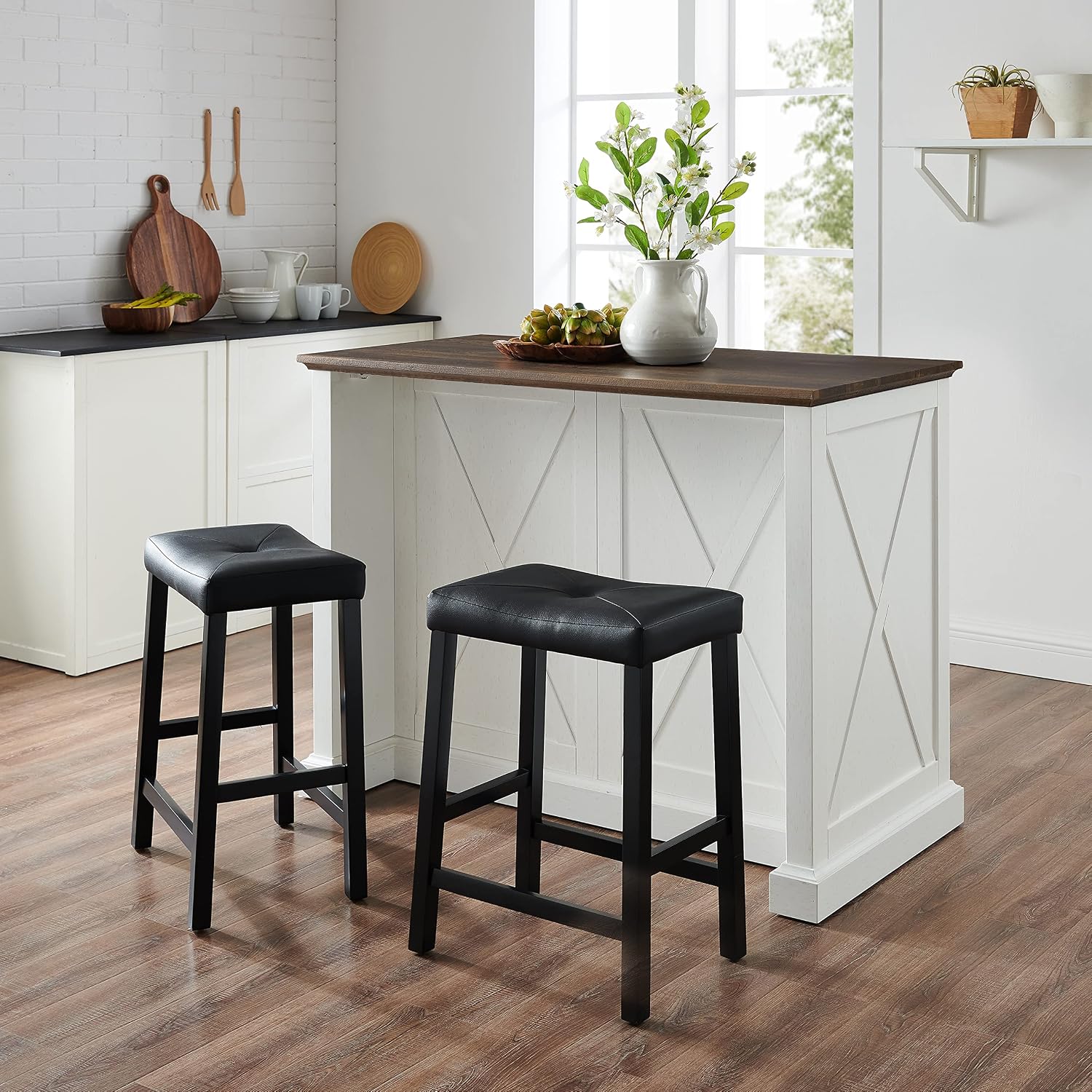 Crosley Furniture Clifton Kitchen Storage Island, Microwave Stand, Coffee Bar and Set of 2 Upholstered Saddle Stools, Distressed White/Black