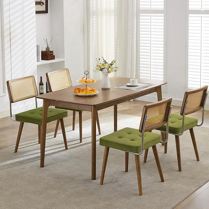 GarveeHome Natural Rattan Dining Chairs Set of 4, Velvet Upholstered Kitchen Chairs with Tall Cane Backrest and Strong Wood Legs for Dining Room, Kitchen, Restaurant, Green
