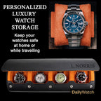 DailyWatch | Personalized Watch Roll Travel Case For 4 Watches - Handmade Genuine Leather Travel Case With Custom Engraving of Name or Initials - Black Orange