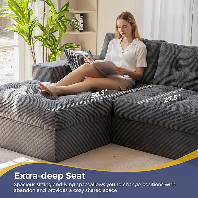 MAXYOYO 104" L Shaped Modular Sectional Sofa with Ottoman, Cloud Boneless Couch with Layered Cushion, Upholstered Sofa in a Box, Flexible Module Combination for Living Room, No Assembly, Dark Grey