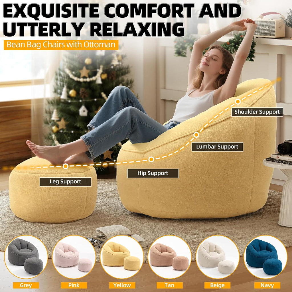 Bean Bag Chairs for Adults, Bean Bag Chair for Kids, 3.4 FT Comfy Beanbag Chair with Ottoman, Bubble Chair Corner Chair, Modern Giant Bean Bag Sofa for Living Room, Yellow