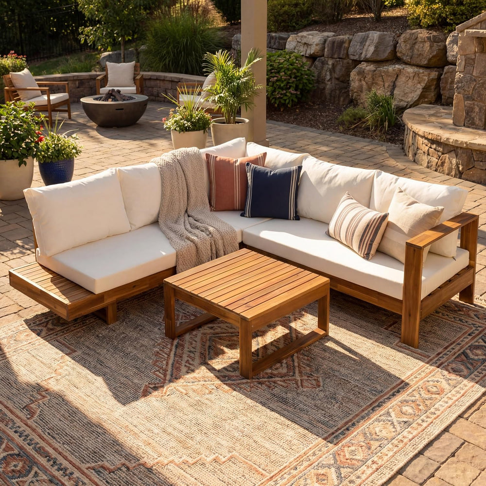 4pc Acacia Wood Outdoor Sectional Sofa Set with Cushions | Slatted Design - M...