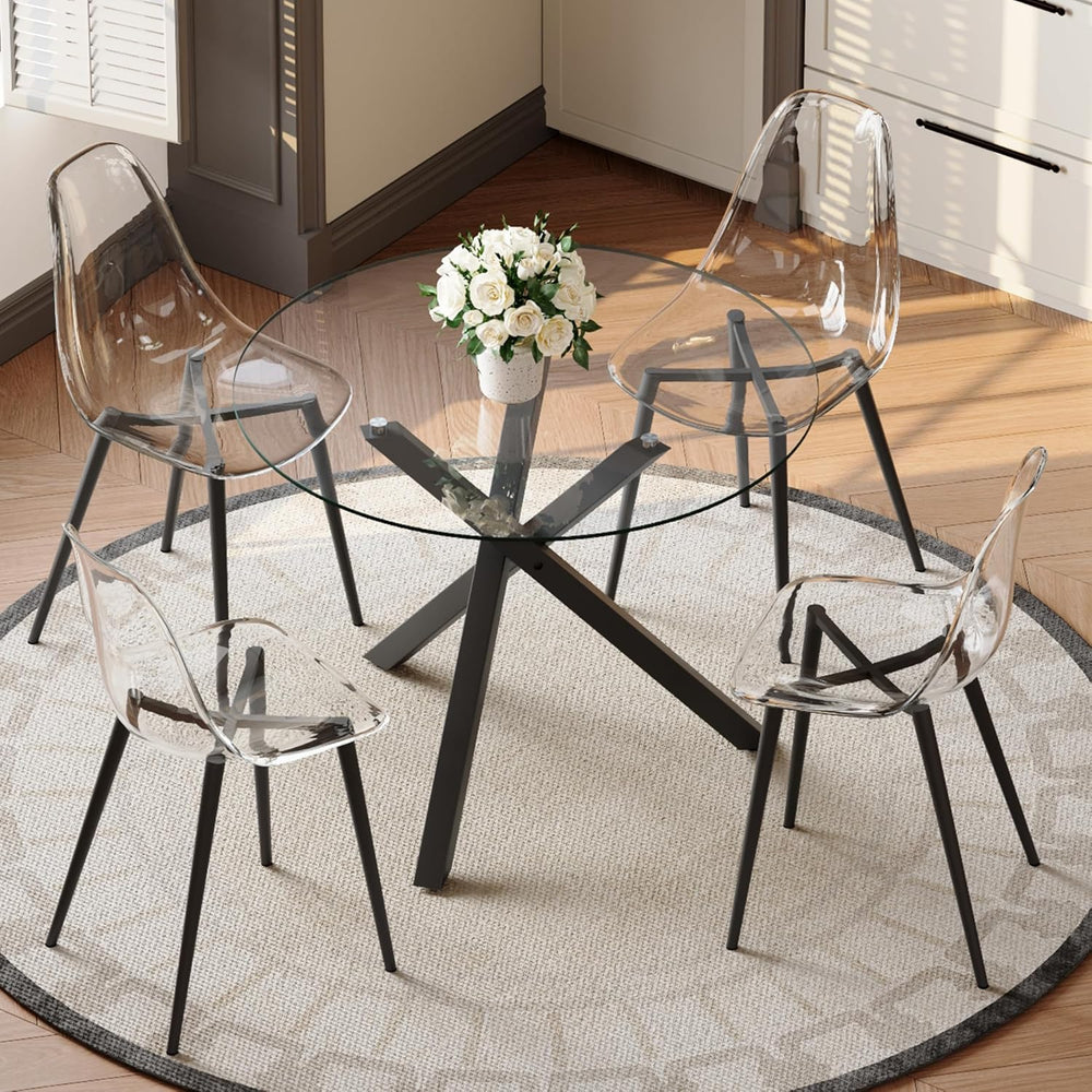 Round Dining Table Set for 4, 39" Glass Dining Table Set with Black Adju...