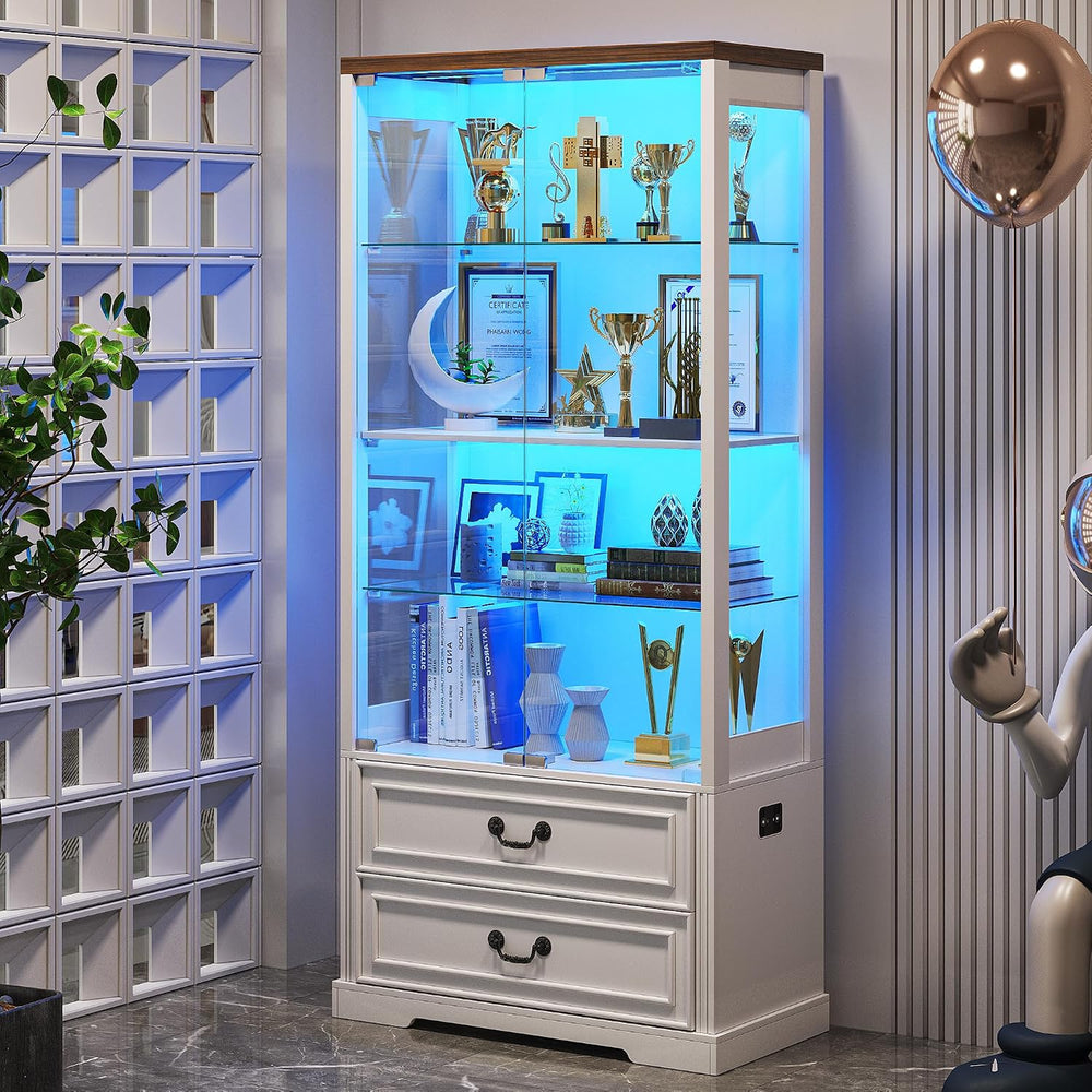FREDEES 4-Tier Glass Display Cabinet with 2 Drawers
