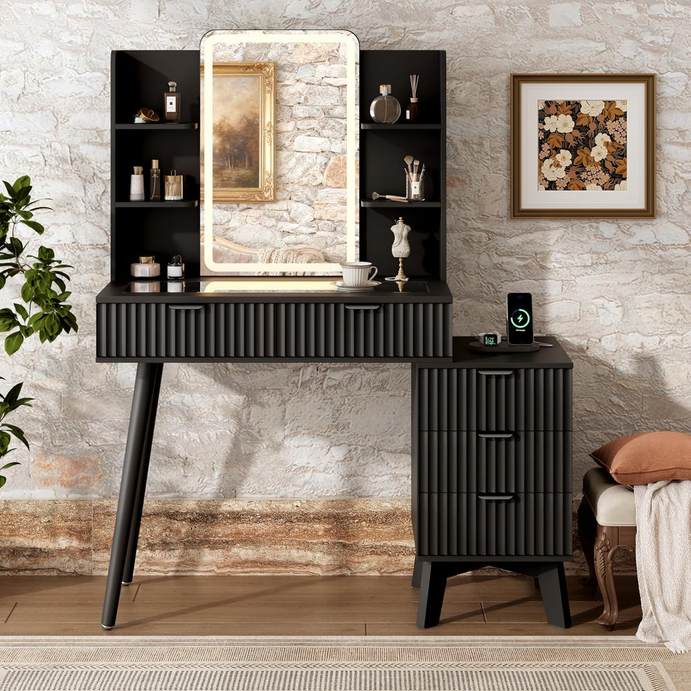 Vanity Desk With HD Lighted Mirror and Lights, Fluted Small Makeup Vanity wit...