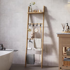 63" Bamboo Blanket Ladder with Shelf and 5 Hooks, Leaning Blanket Rack | 4 Tier Farmhouse Towel Ladder Rack, Decorative Quilt Rack Holder for Living Room Bedroom Bathroom, Natural Wood