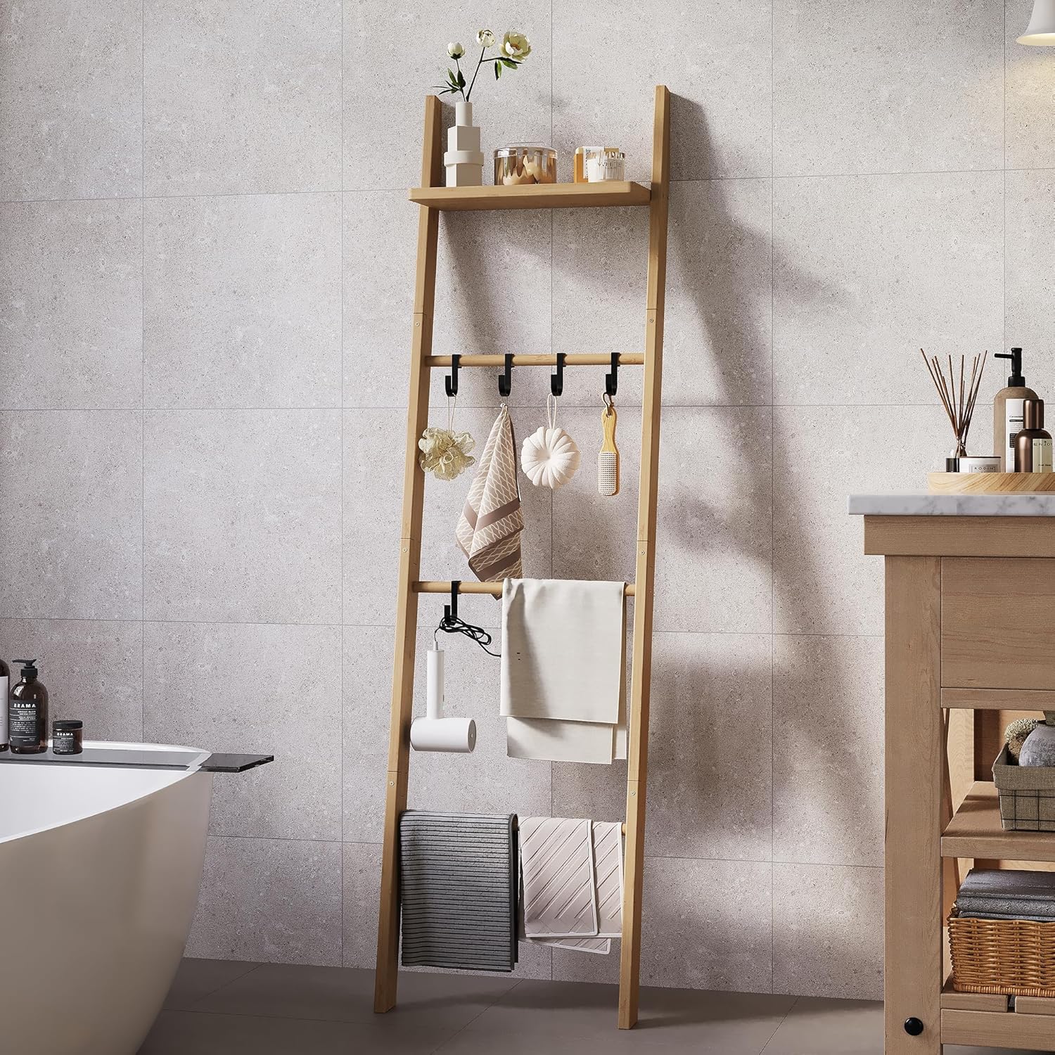 63" Bamboo Blanket Ladder with Shelf and 5 Hooks, Leaning Blanket Rack | 4 Tier Farmhouse Towel Ladder Rack, Decorative Quilt Rack Holder for Living Room Bedroom Bathroom, Natural Wood