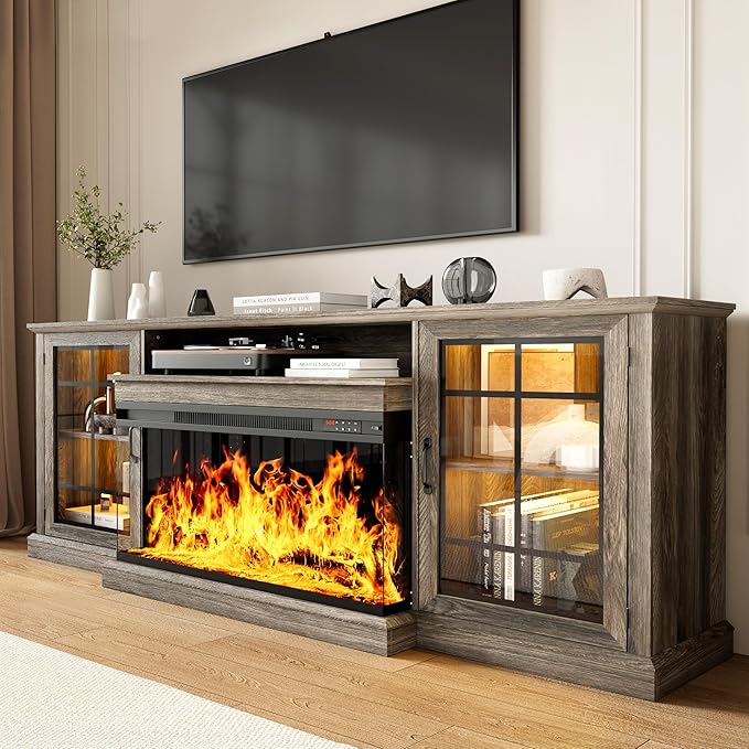 MXV 80'' Fireplace TV Stand, Farmhouse Entertainment Center with 3 Sided Glass TV Stand, Modern Media Console Table with Storage Drawers & Cabinets with LED Flame and Lights for Living Room, Gray