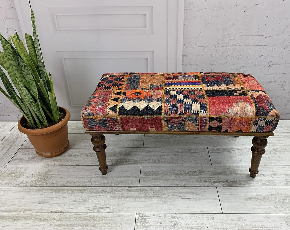Rug Ottoman Bench, Upholstered Bench, Patchwork Bench, Bohemian Bench, Piano ...