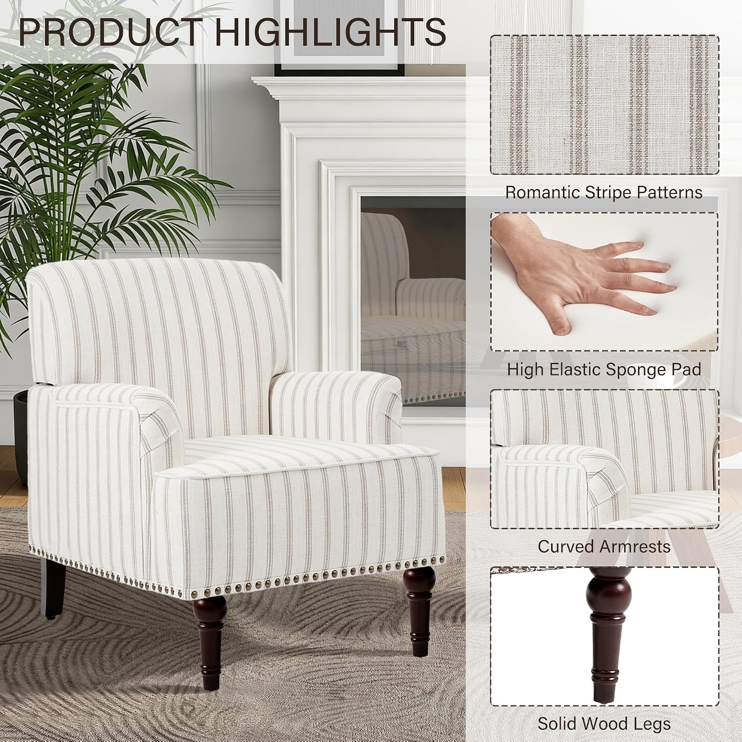Stripe Accent Chairs Set of 2, Fabric Upholstered Armchair for Living Room, Nailhead Trim Club Arm Chair Comfy Single Sofa Bedroom Reading Seat with Wood Legs - Pinstripe Light Brown
