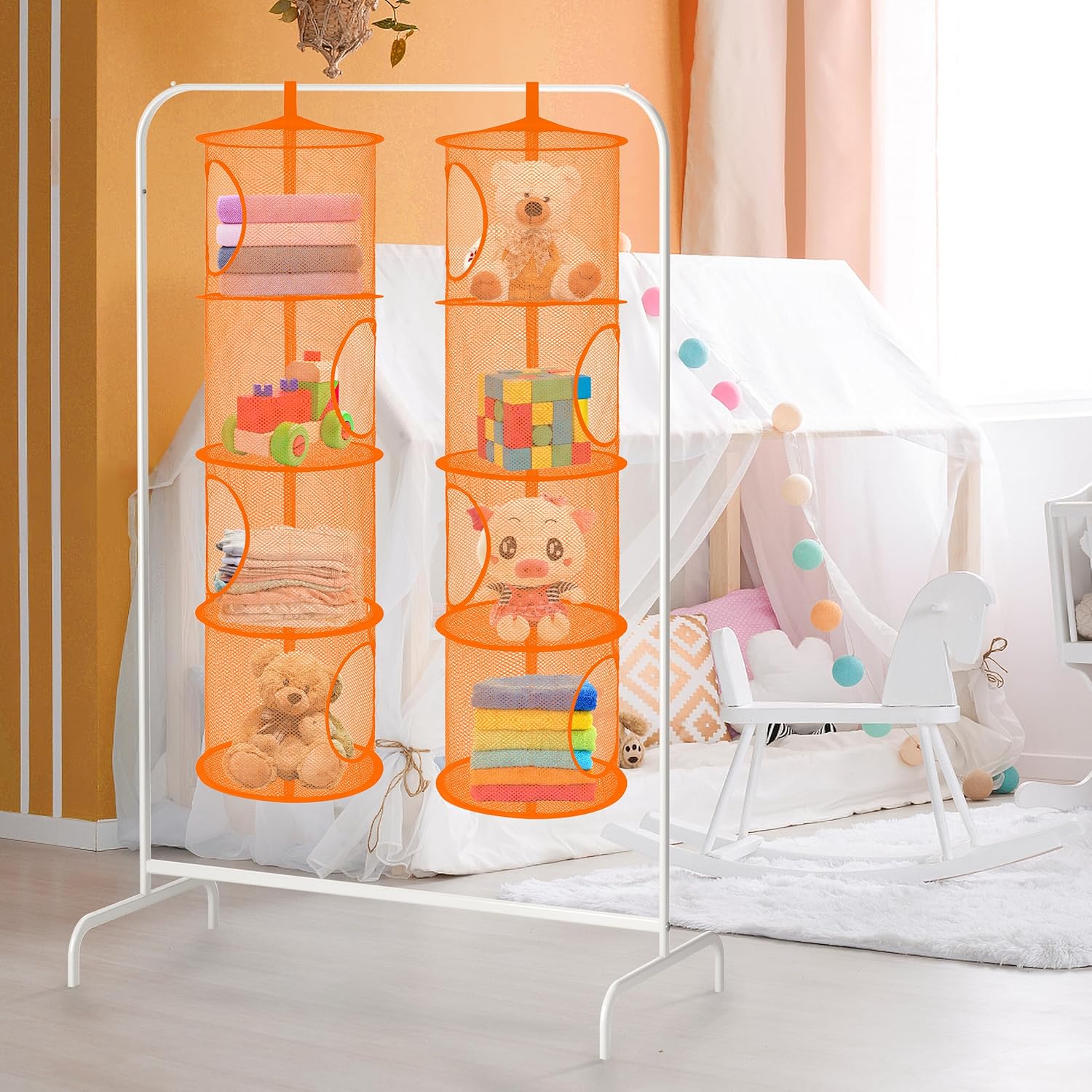 Libeder Mesh Hanging Storage Space Saver Bags Organizer,Foldable Storage Organizer 4 Compartments Toy Storage Basket for Kids Room Bathroom 2 Sets Orange