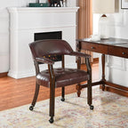 LEEMTORIG Dining Chairs with Casters and Arm, Large Rolling Dining Chairs with Wheel, Poker Table Chairs, Boss Caption's Chairs, 26"D x 25.2"W x 31.5"H, Espresso Legs & Wine Red Brown PU, XXY-1910-WR