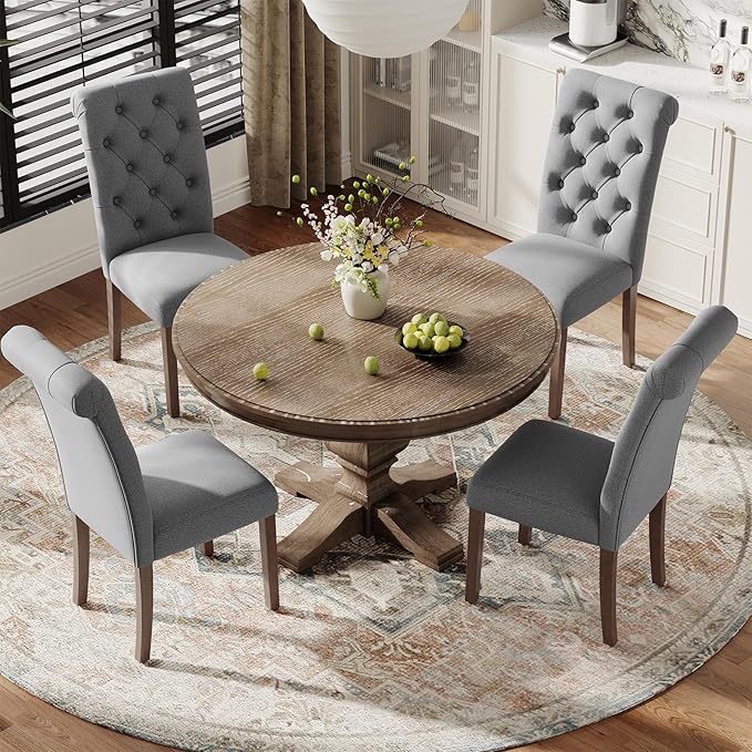 Upholstered Tufted Dining Room Chairs Set of 2, Parsons Kitchen Chairs with Padded Seat and Solid Wood Legs, Fabric Accent Side Diner Chair for Dining Room/Kitchen/Living Room, Grey