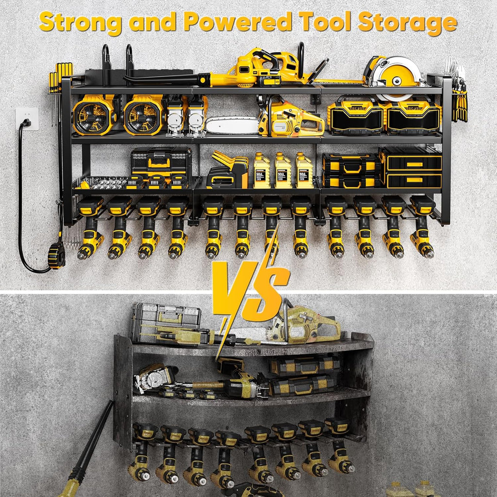49.5" W Large Power Tool Organizer Wall Mount with Charging Station, 4 Tier Heavy Duty 12 Cordless Drills Holder Load 800 lb, Tool Battery Storage Rack Built in 8 Outlet Power Strip for Garage