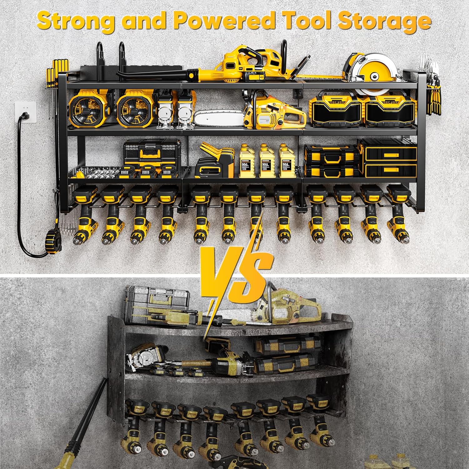 49.5" W Large Power Tool Organizer Wall Mount with Charging Station, 4 Tier Heavy Duty 12 Cordless Drills Holder Load 800 lb, Tool Battery Storage Rack Built in 8 Outlet Power Strip for Garage