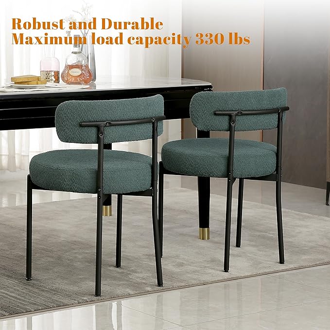 DYHOME Green Dining Chairs Set of 6, Mid-Century Modern Dining Chairs, Kitchen Dining Room Chairs, Curved Backrest Round Upholstered Boucle Sherpa Dining Chair with Black Metal Legs