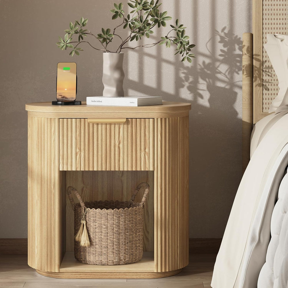Fluted Nightstand with Charging Station 23.6" Large Round Bedside Table Oak