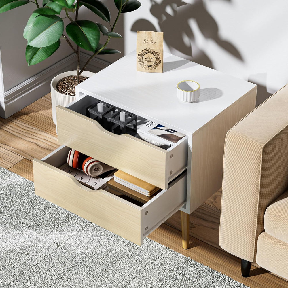 End Table Set of 2 with Storage Drawers, Modern Nightstands Small Sofa Side T...