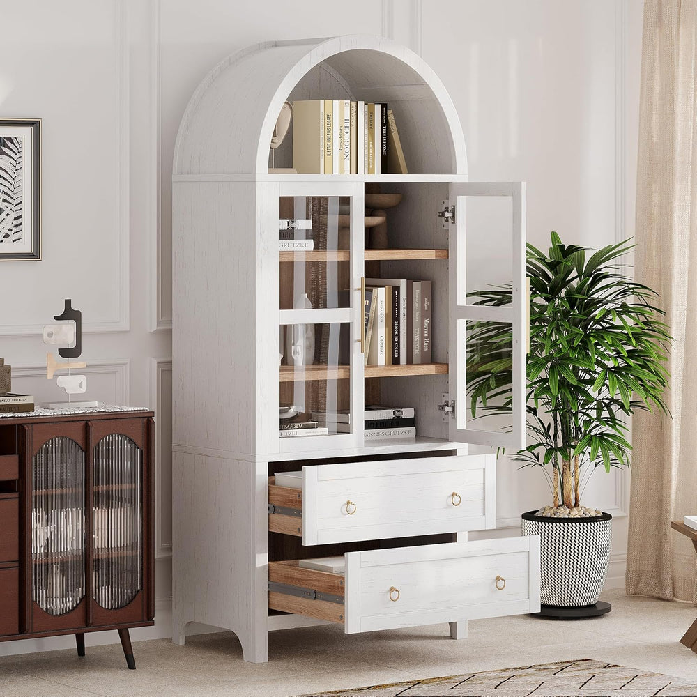 roomfitters 71" Pantry Cabinet with Arched Top and Glass Doors, 2 Storag...