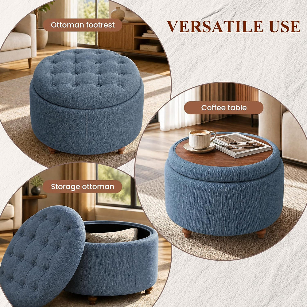 25" Round Ottoman with Storage, Small Coffee Table with Reversible Tray ...