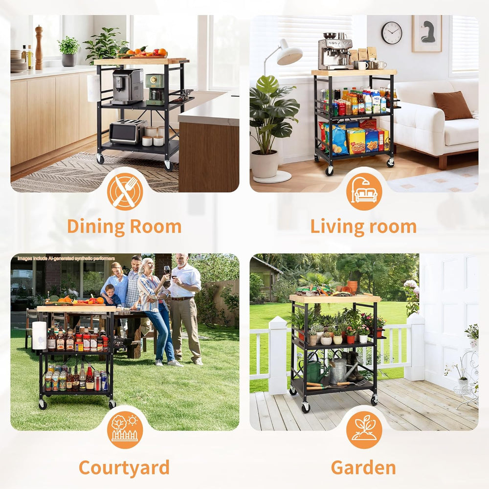 PLKOW Foldable Kitchen Cart with Solild Oak Wood Top, Rolling Kitchen Island ...