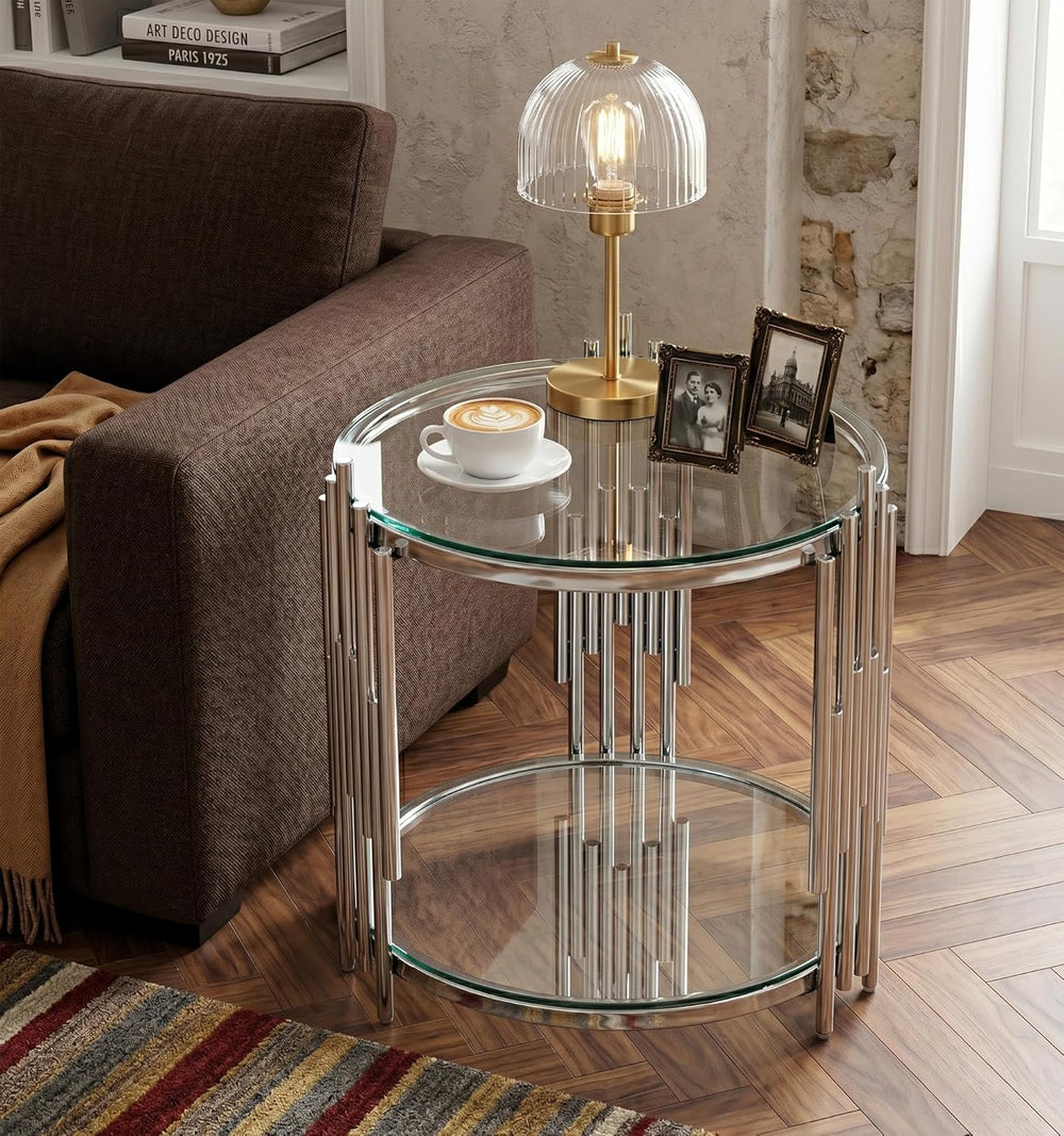 19.69” Round Glass End Table, 2-Tier Side Table with Clear Tempered Glass Top...