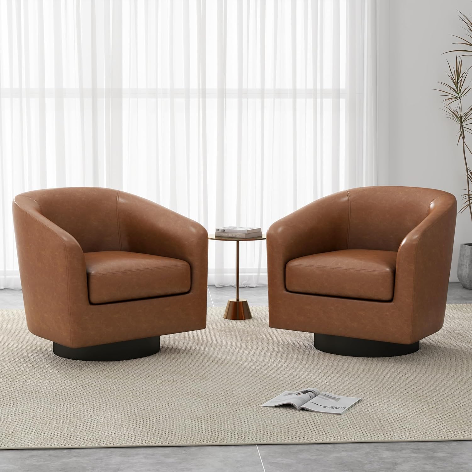 Faux Leather Swivel Barrel Accent Chairs Set of 2, Modern Upholstered Armchair Club Chair for Living Room, Round Arm Chair Bedroom Single Sofa Reading Seat - Brown