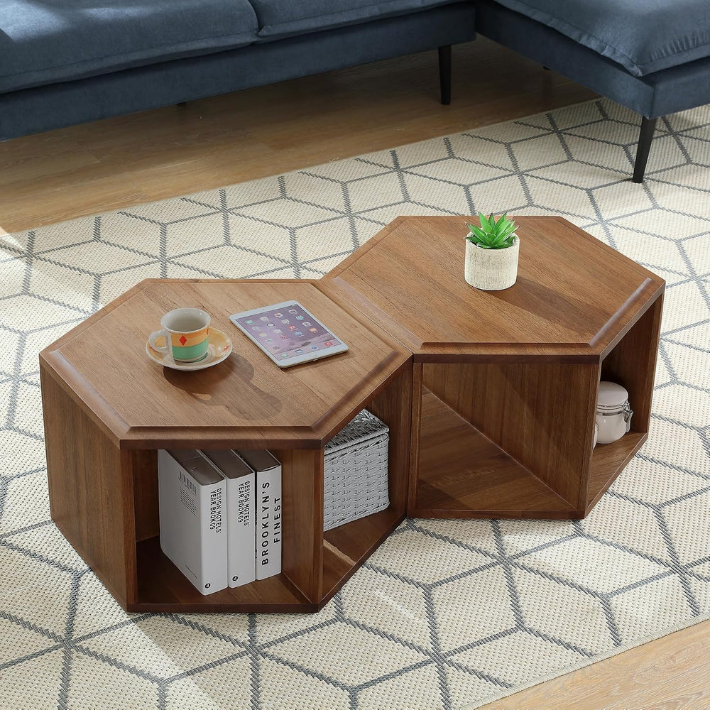 LEEMTORIG Hexagonal Narrow Solid Wood End Table, Multi Purpose Coffee Table w...